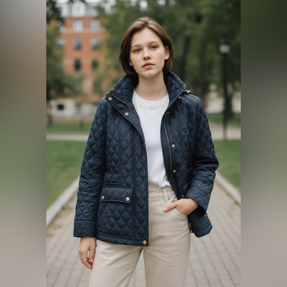 Michael Kors women’s hooded quilted navy jacket collegiate preppy clean girl Lg